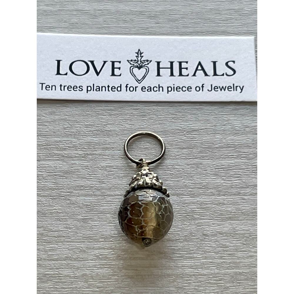 Love Heals White Bronze Basket Cap Drop Brown Stone Charm Pendant LH22